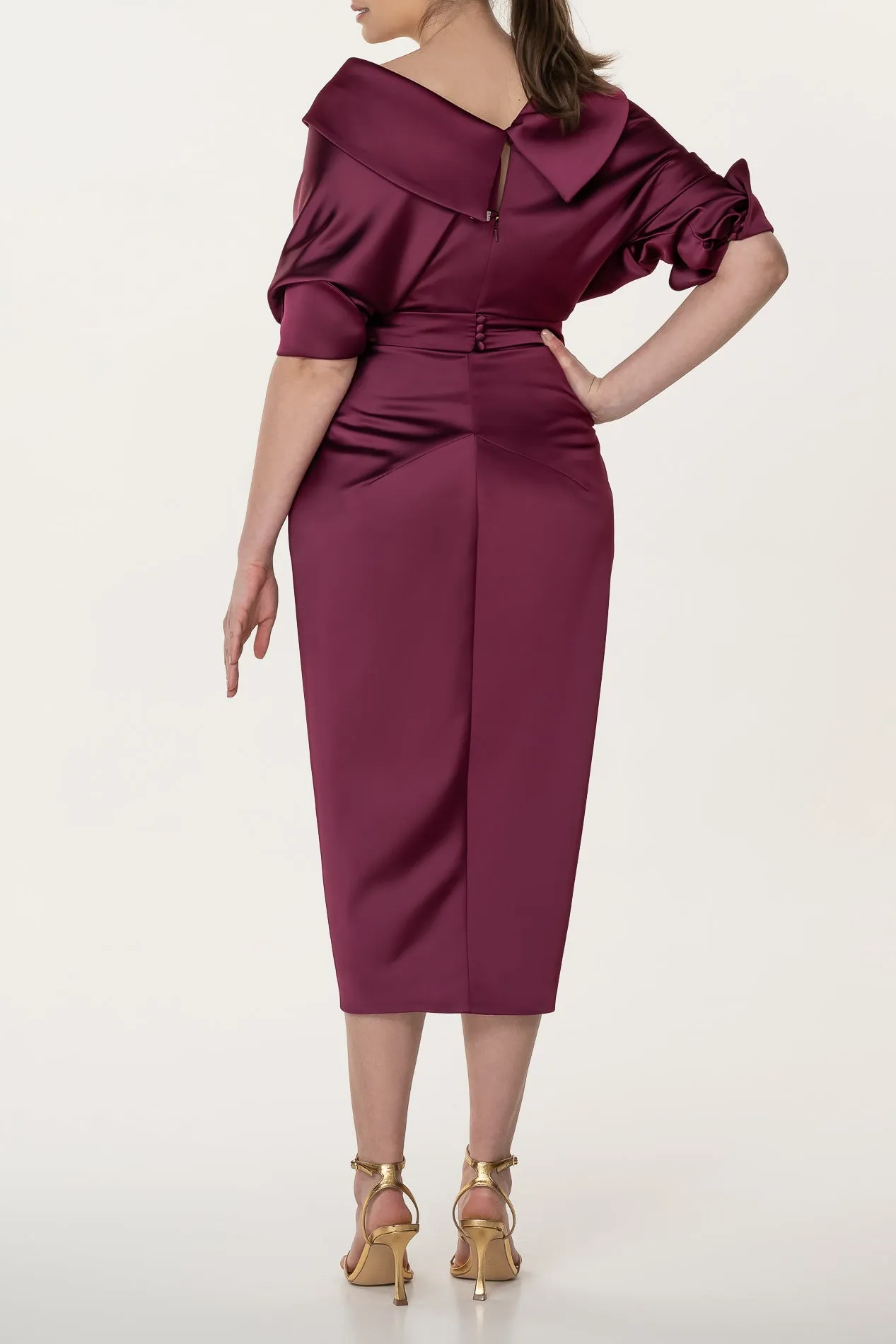 Angelina Satin Midi Dress in Burgundy