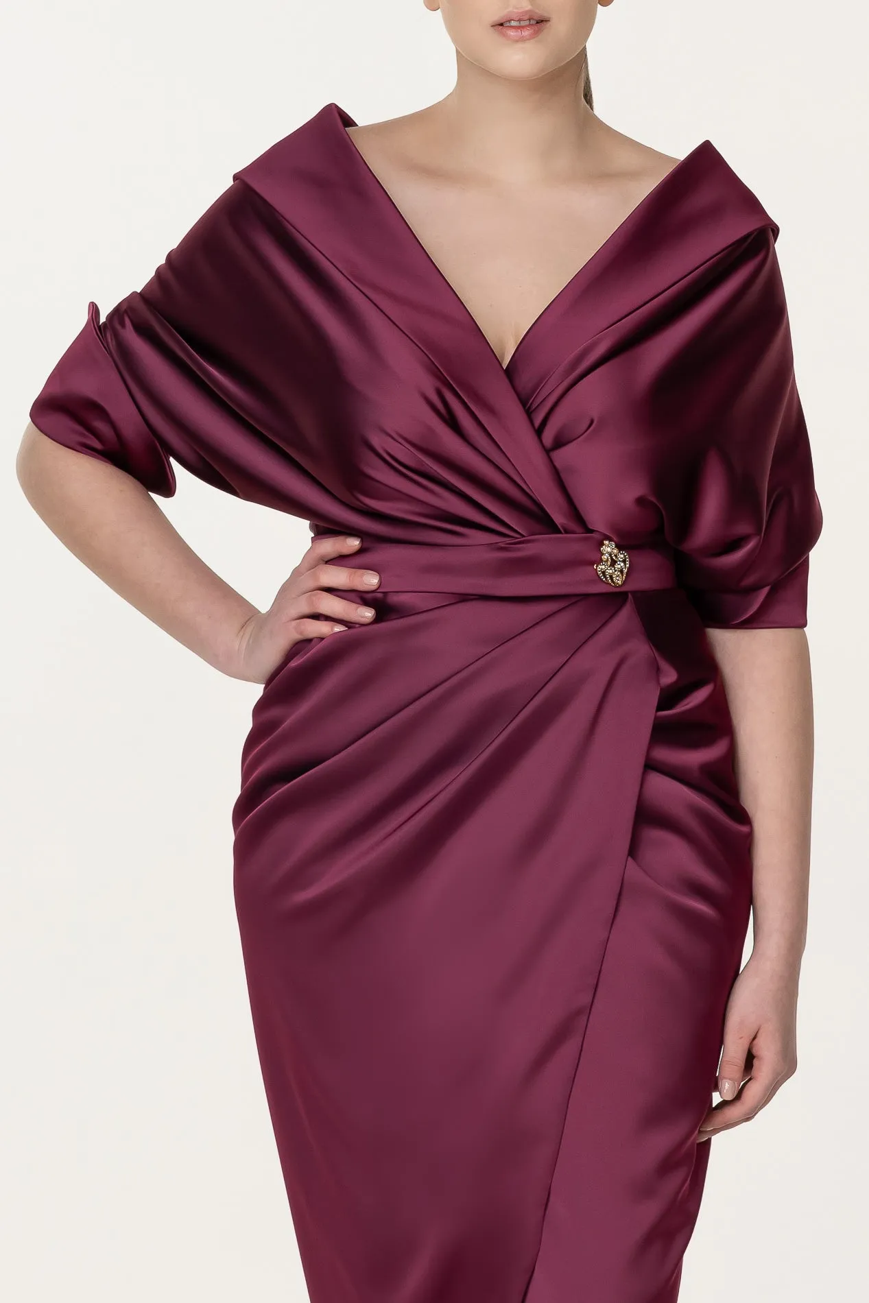 Angelina Satin Midi Dress in Burgundy