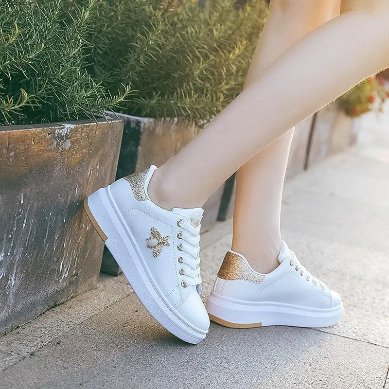 Fashion Bee Womens White Golden/Silver Sneakers