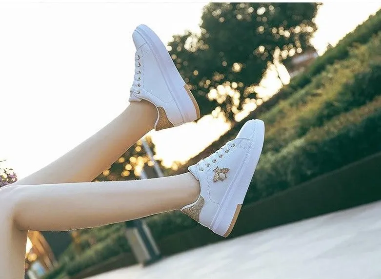 Fashion Bee Womens White Golden/Silver Sneakers