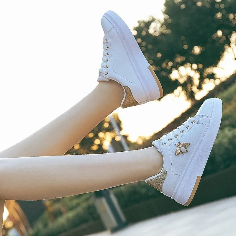 Fashion Bee Womens White Golden/Silver Sneakers