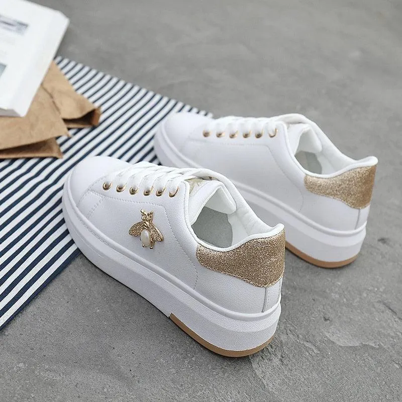 Fashion Bee Womens White Golden/Silver Sneakers